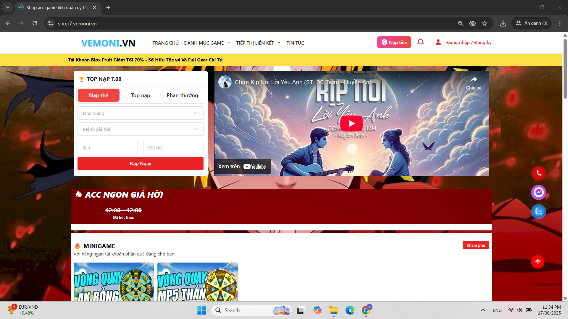 Mẫu Website bán acc game đủ loại (muốn bán game nào thêm game đó), thẻ tự động qua card, atm...